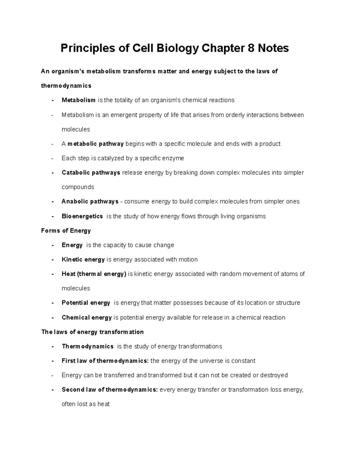 Biology Chapter 8 Notes - Principles of Cell Biology Chapter 8 Notes An ...