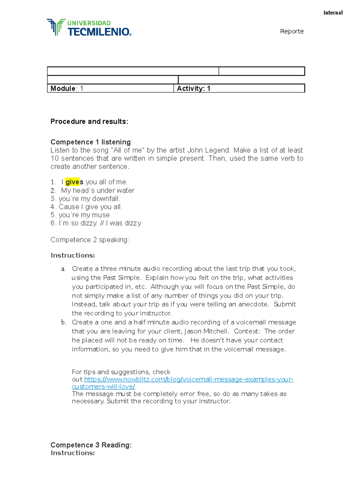 Act 1 ingles avanzado II tecmilenia 2019 - Internal Reporte Module : 1 ...