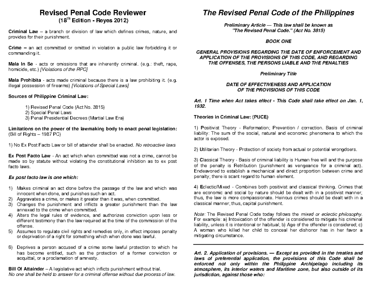 Criminal Law Revised Penal Code Summary - Revised Penal Code Reviewer ...