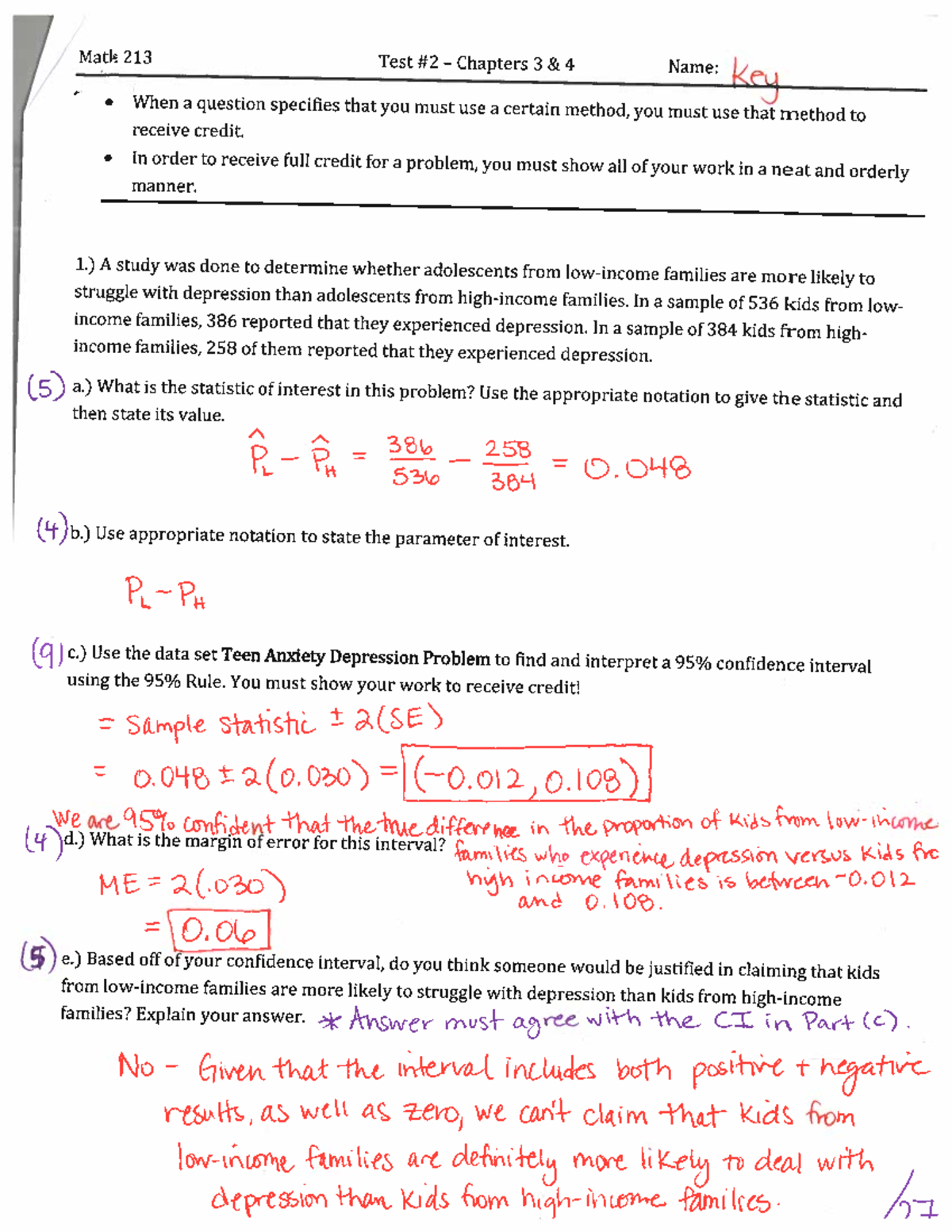 Math 213 Test 2 Key, F22 Matk 213 Test2 — Chapters 3 & 4 Name