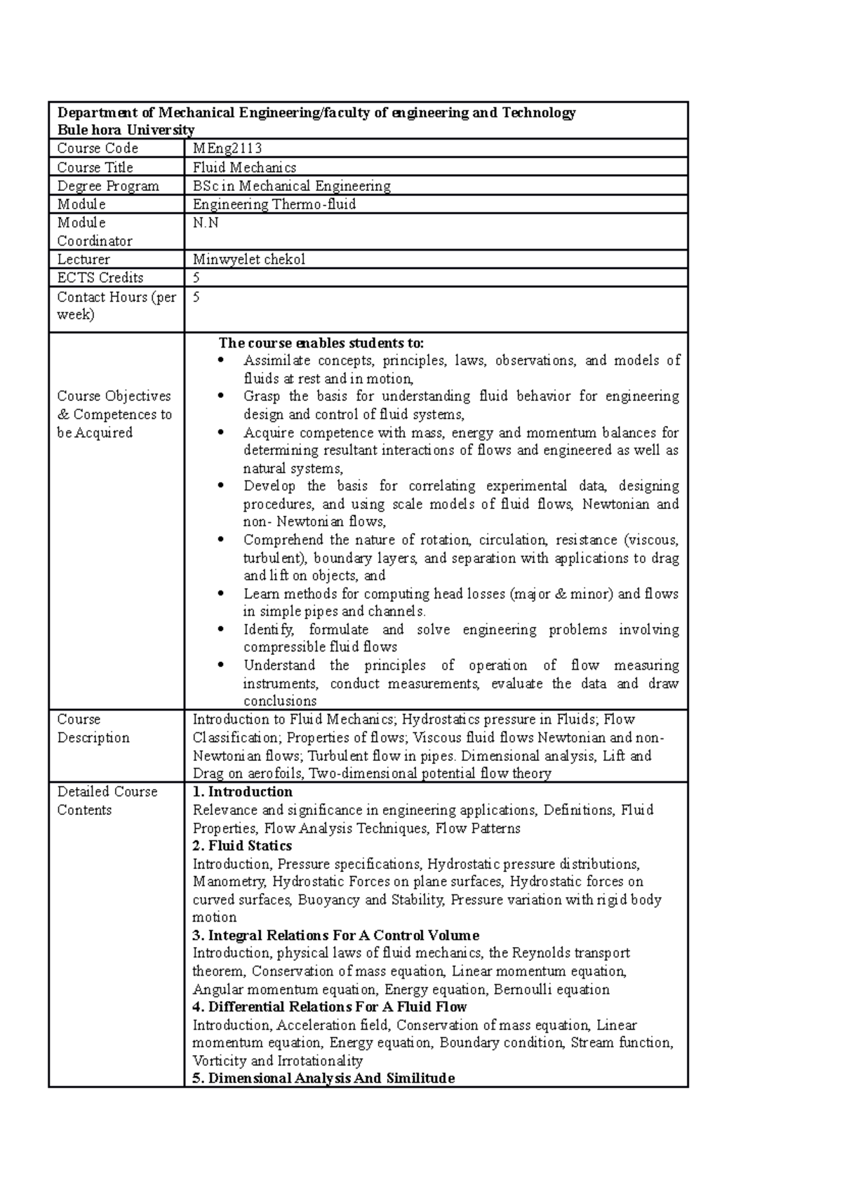 Filud course outline - Department of Mechanical Engineering/faculty of ...