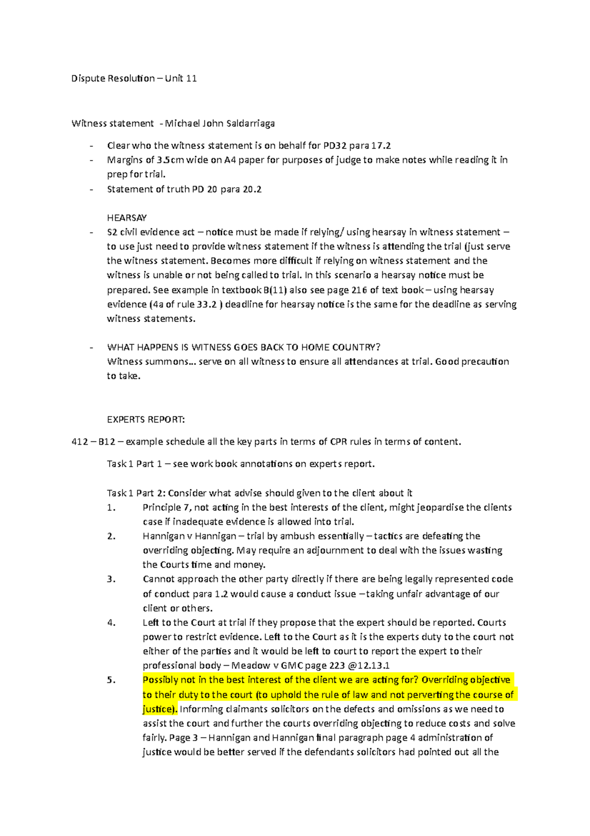 Dispute Resolution Unit 11 Witness Statement - Studocu