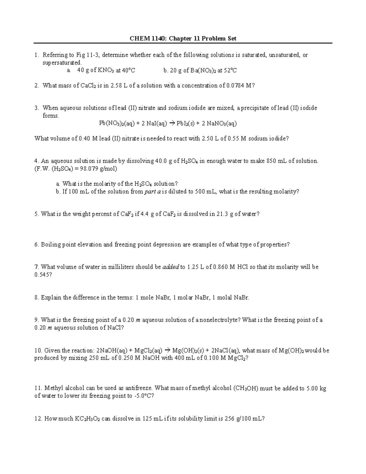 Chapter 11- Aqueous Solutions Problem Set - CHEM 1140: Chapter 11 ...