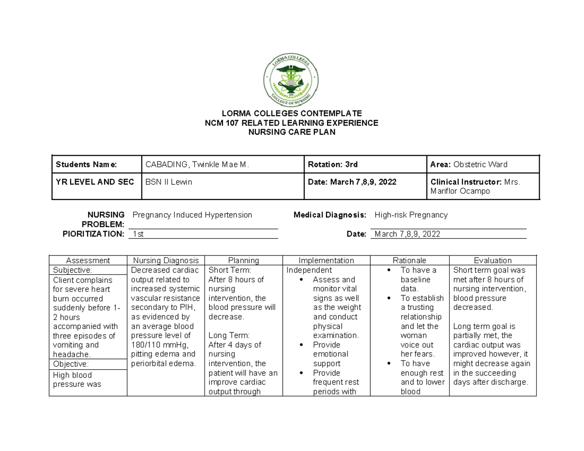 NCP - NONE - LORMA COLLEGES CONTEMPLATE NCM 107 RELATED LEARNING ...