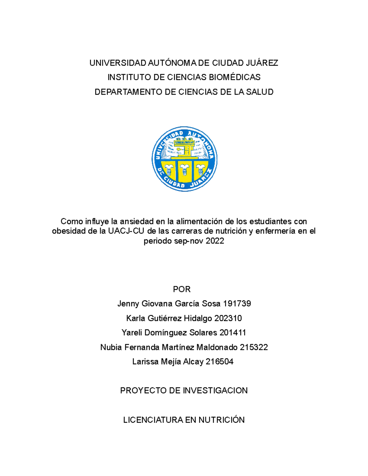 Proyecto De Investigacion Universidad AutÓnoma De Ciudad JuÁrez Instituto De Ciencias 6824