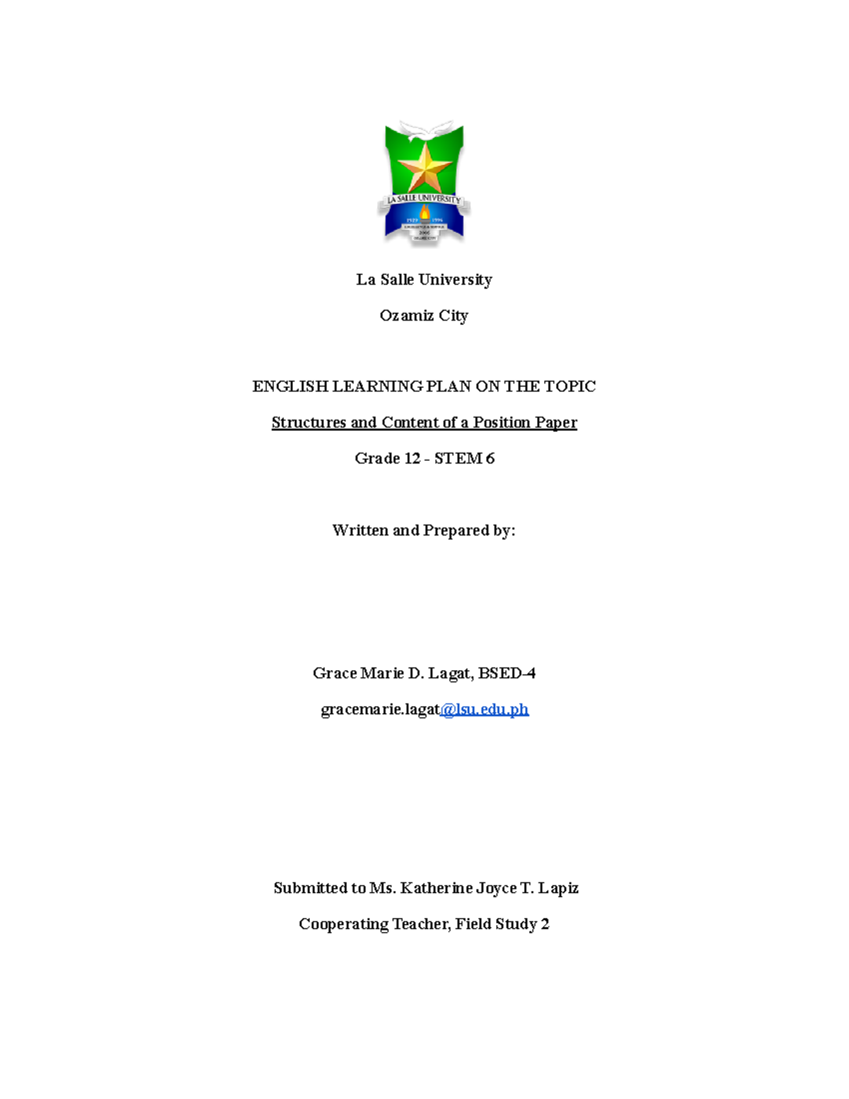 Structures of a Position Paper - G12 STEM 6 - La Salle University ...