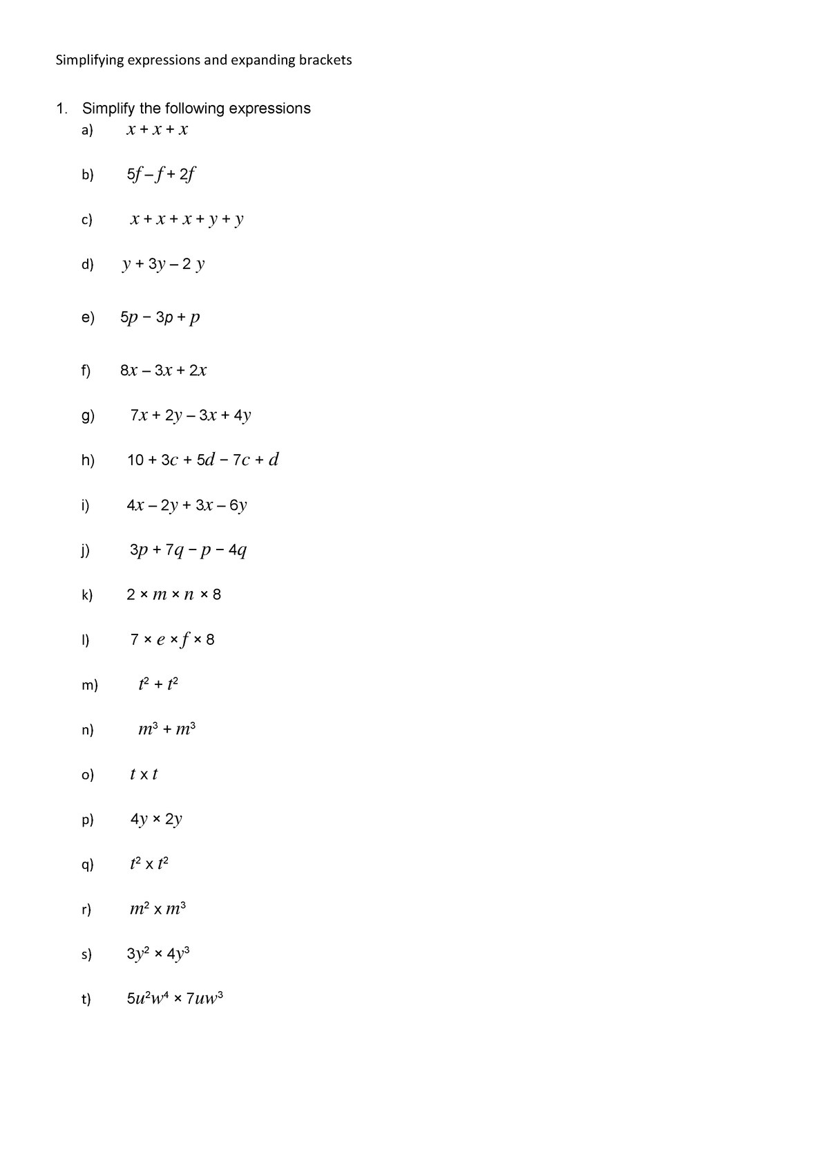 Algebra Simplifying Expressions and Expanding Brackets Questions - Week ...