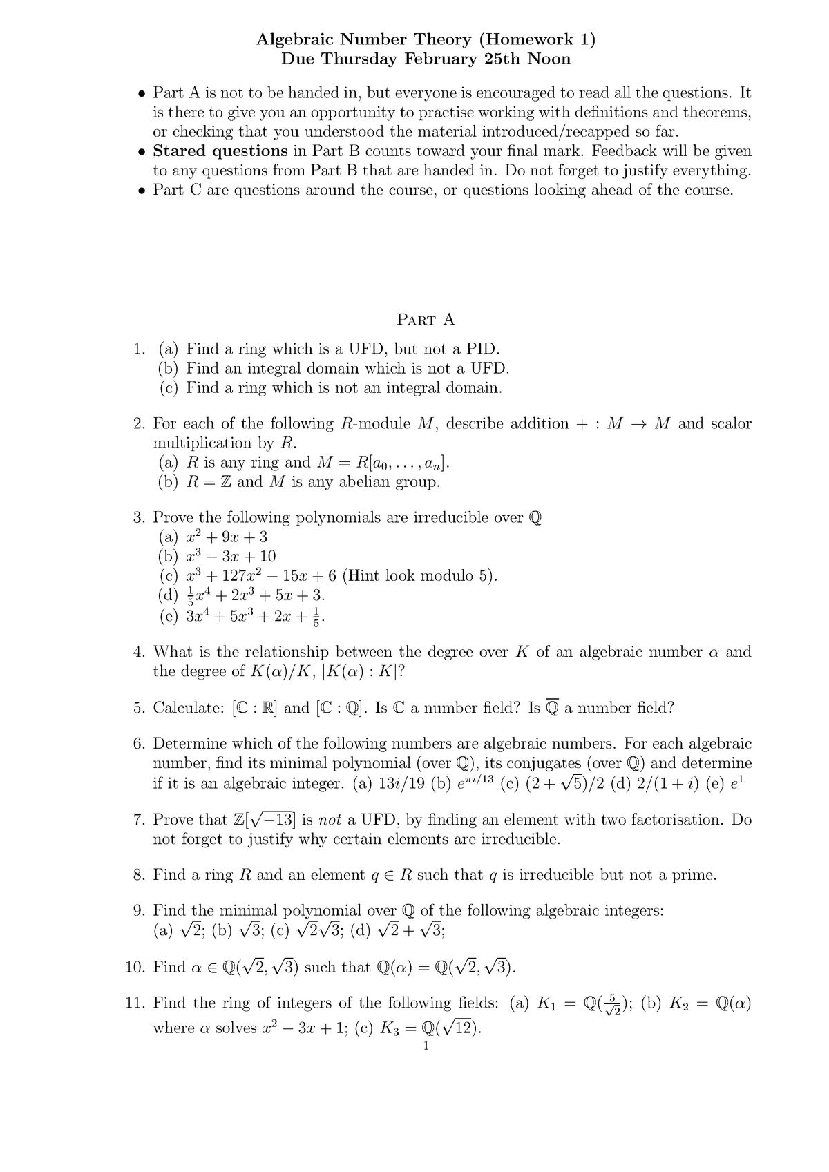 Algebraic Number Theory HW 1 - Algebraic Number Theory (Homework 1) Due ...