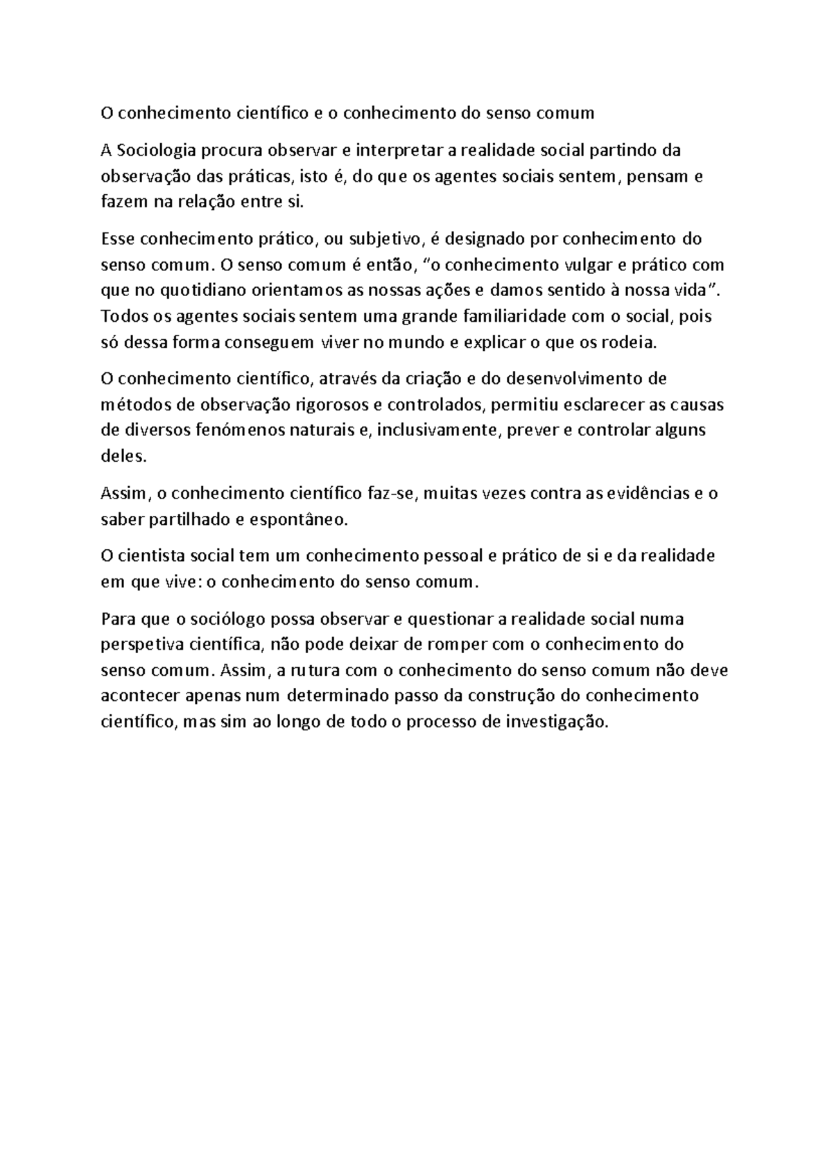 O conhecimento científico e o conhecimento do senso comum - O ...