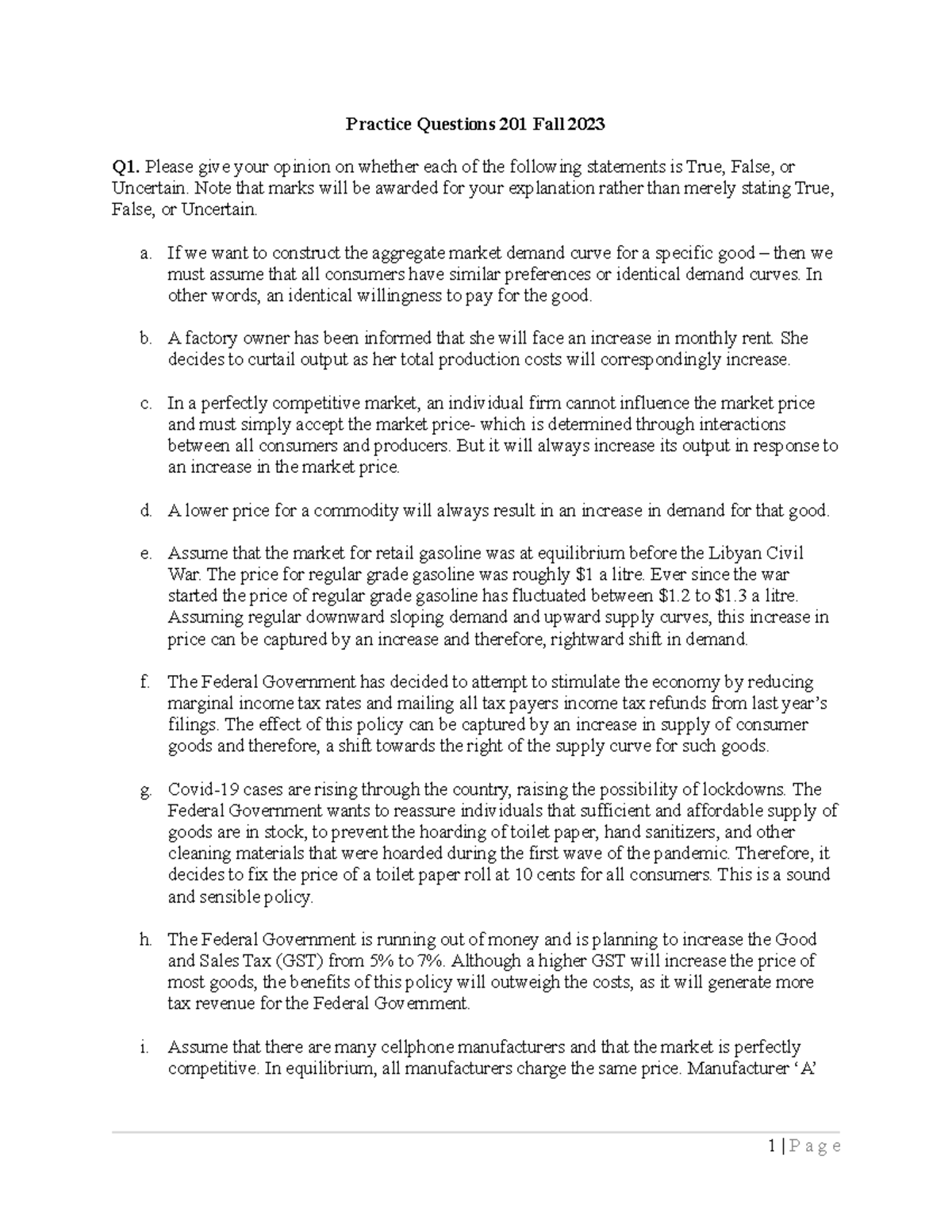 Fall 2023 Practice Questions - Practice Questions 201 Fall 2023 Q1 ...
