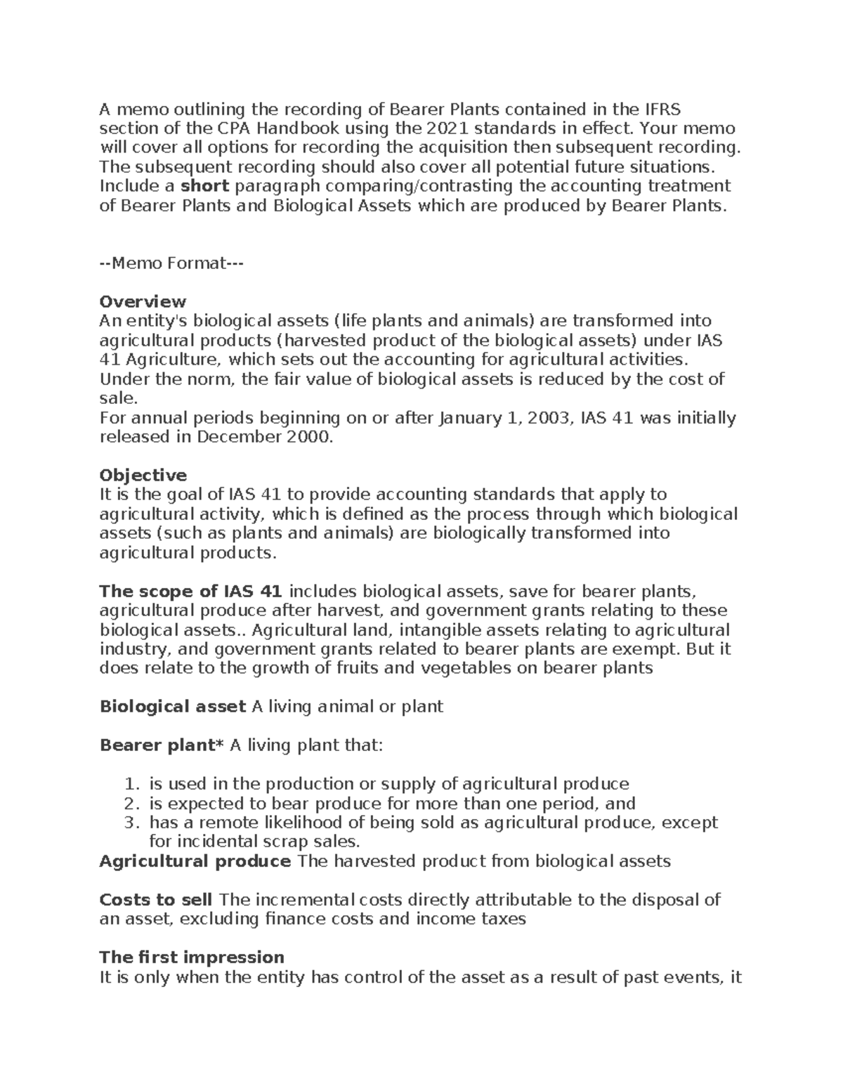 Bearer Plants example - A memo outlining the recording of Bearer Plants ...