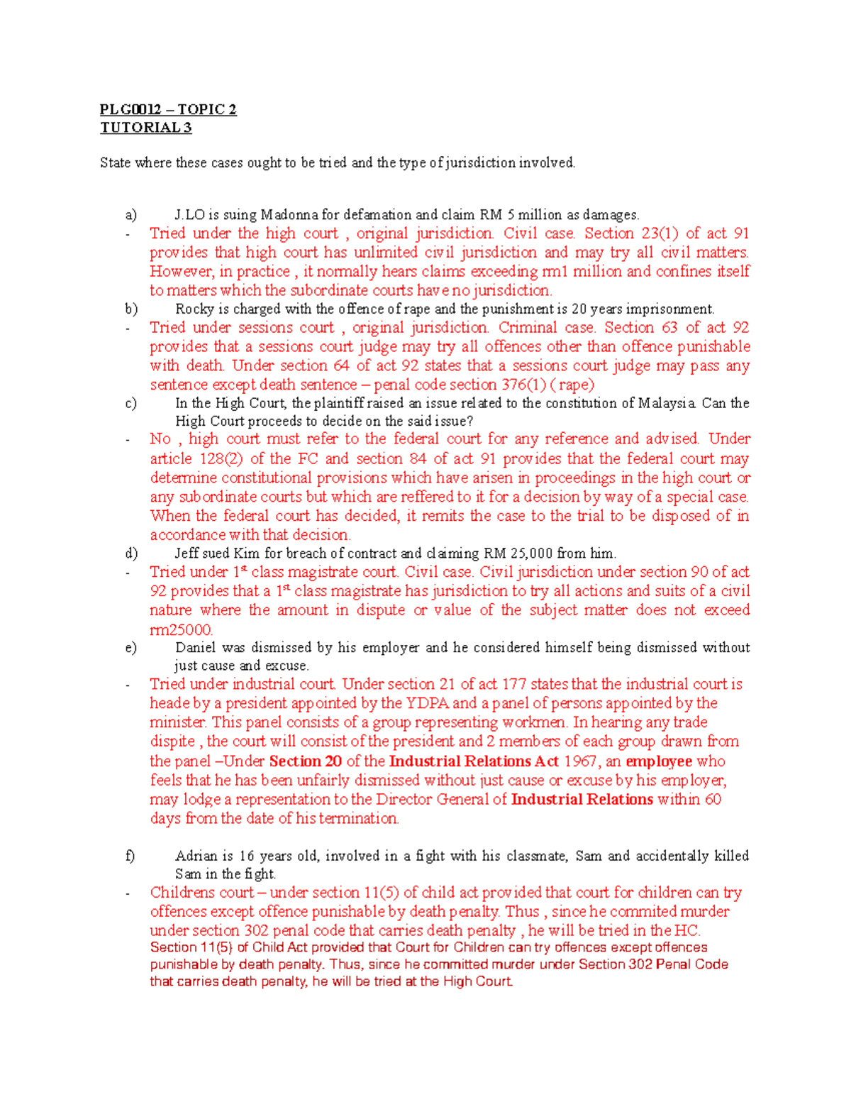 Jurisdiction Of Courts Tutorial - PLG0012 – TOPIC 2 TUTORIAL 3 State ...