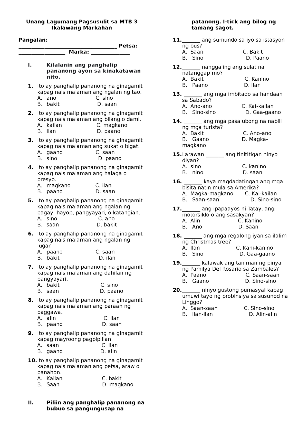 1st St Mtb 2nd Qtr Summative Test Unang Lagumang Pagsusulit Sa Mtb 3 Ikalawang Markahan 0337