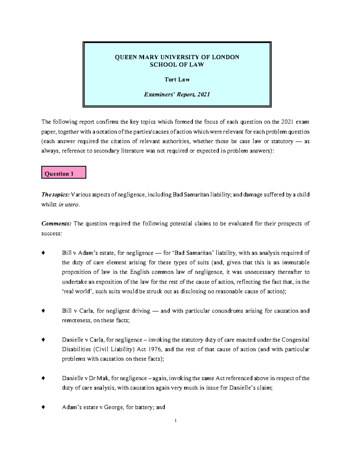 2021 - LAW5001 Examiners Report Tort Law - QUEEN MARY UNIVERSITY OF ...