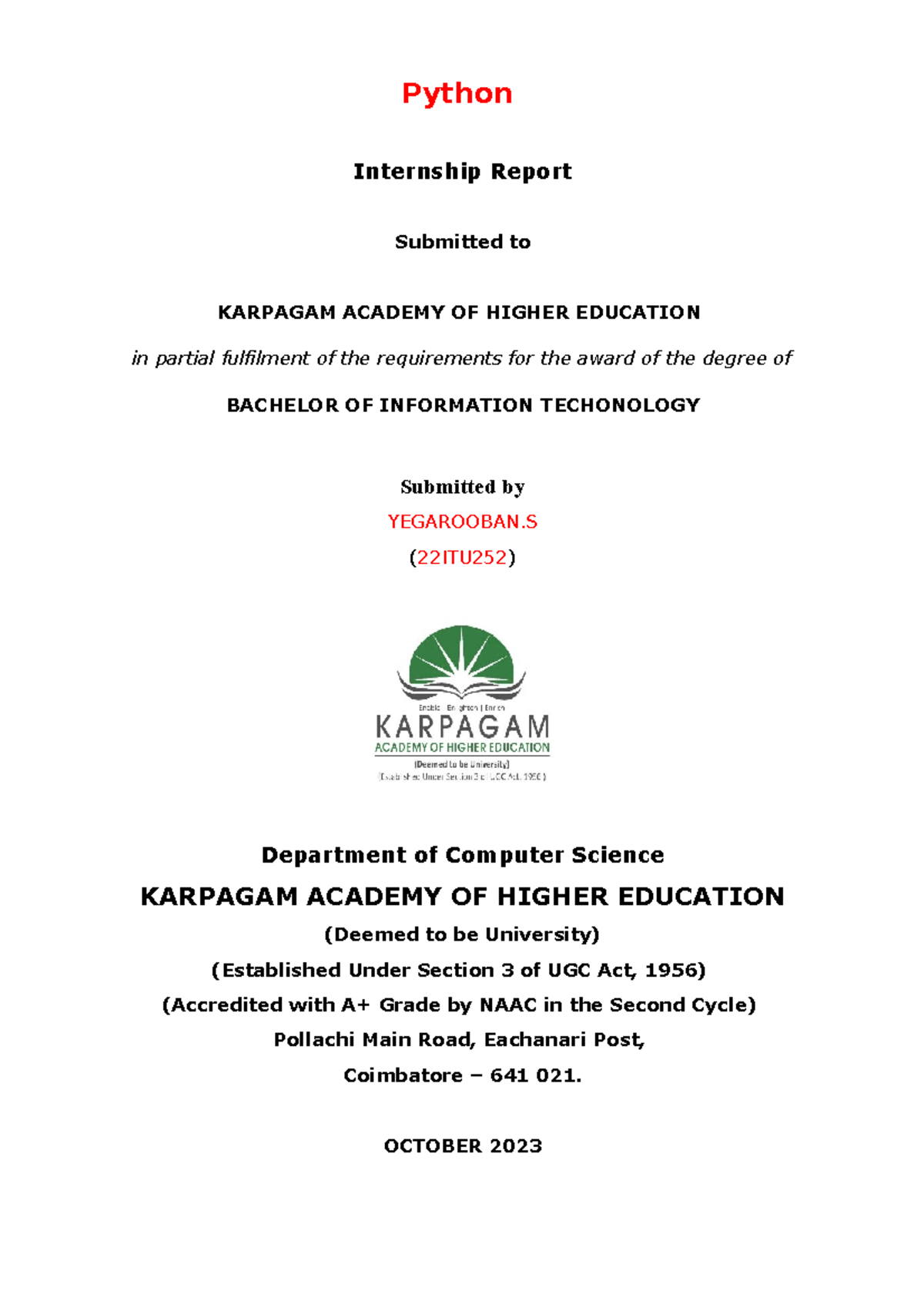 Yega - notes - Python Internship Report Submitted to KARPAGAM ACADEMY ...