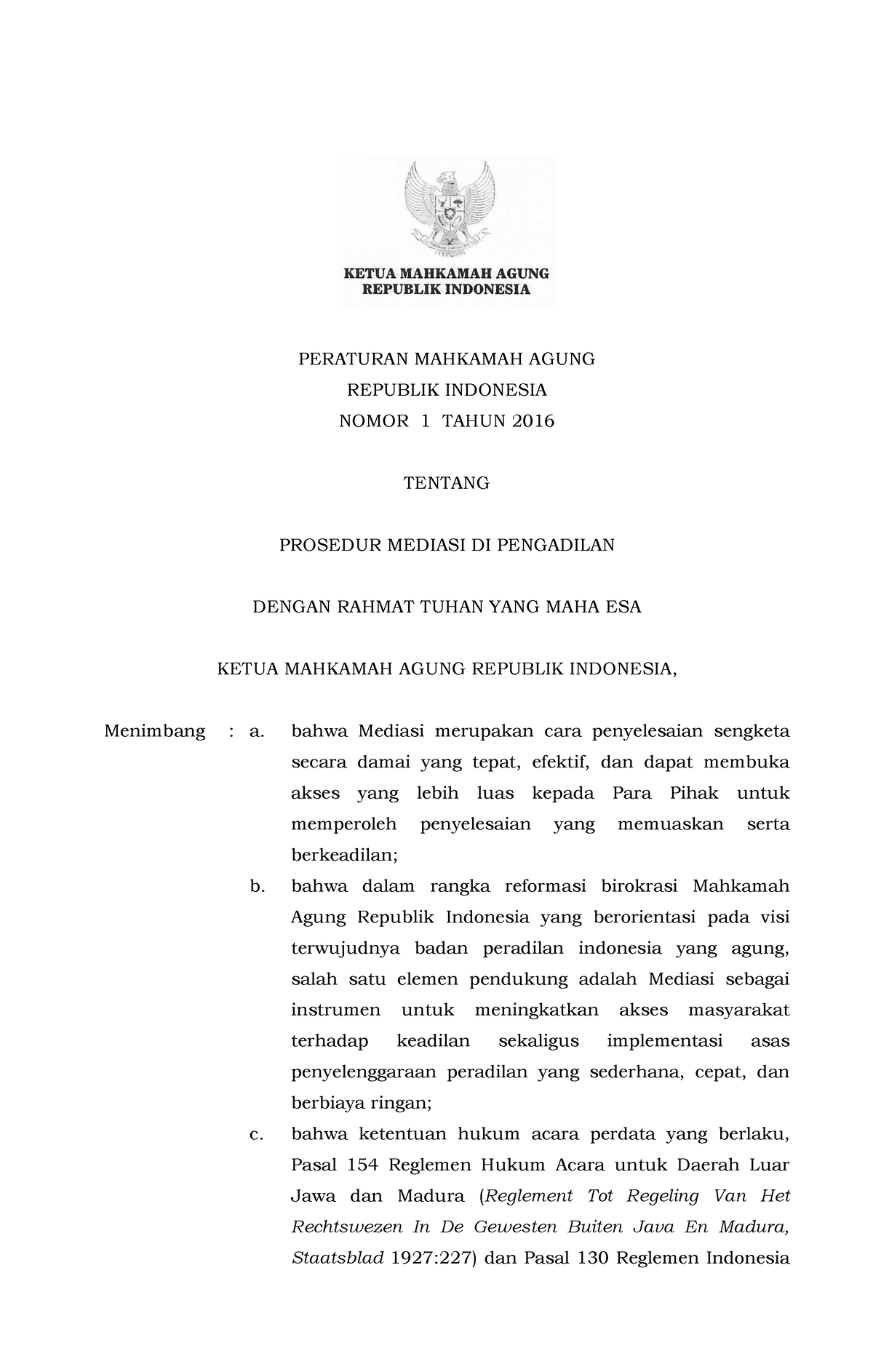 Perma No. 1 Tahun 2016 Tentang Mediasi - PERATURAN MAHKAMAH AGUNG ...