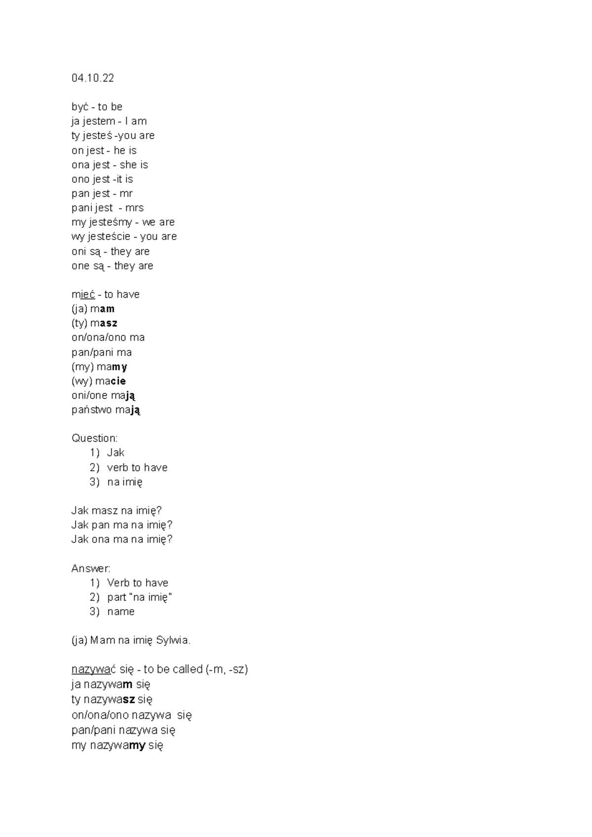 Polish verb conjugation 04. być to be ja jestem