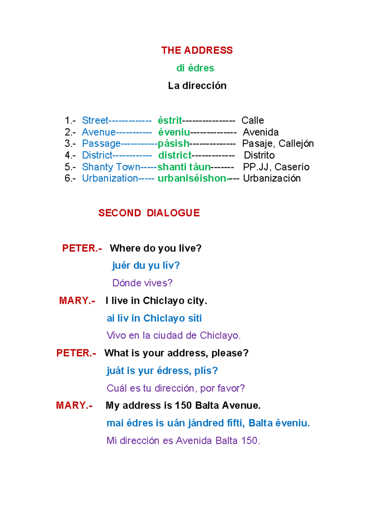 The Address Second Dialogue 1 E - THE ADDRESS di édres La dirección 1 ...