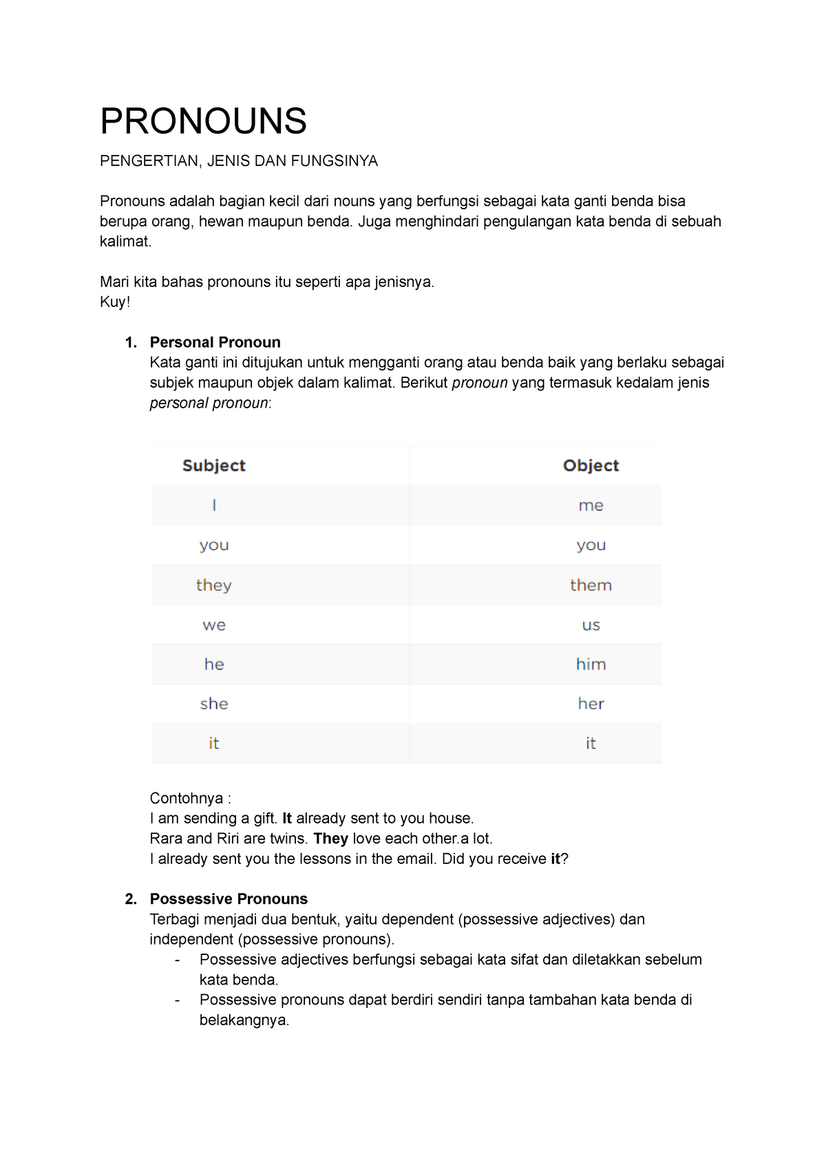 Pronouns - PRONOUNS PENGERTIAN, JENIS DAN FUNGSINYA Pronouns Adalah ...