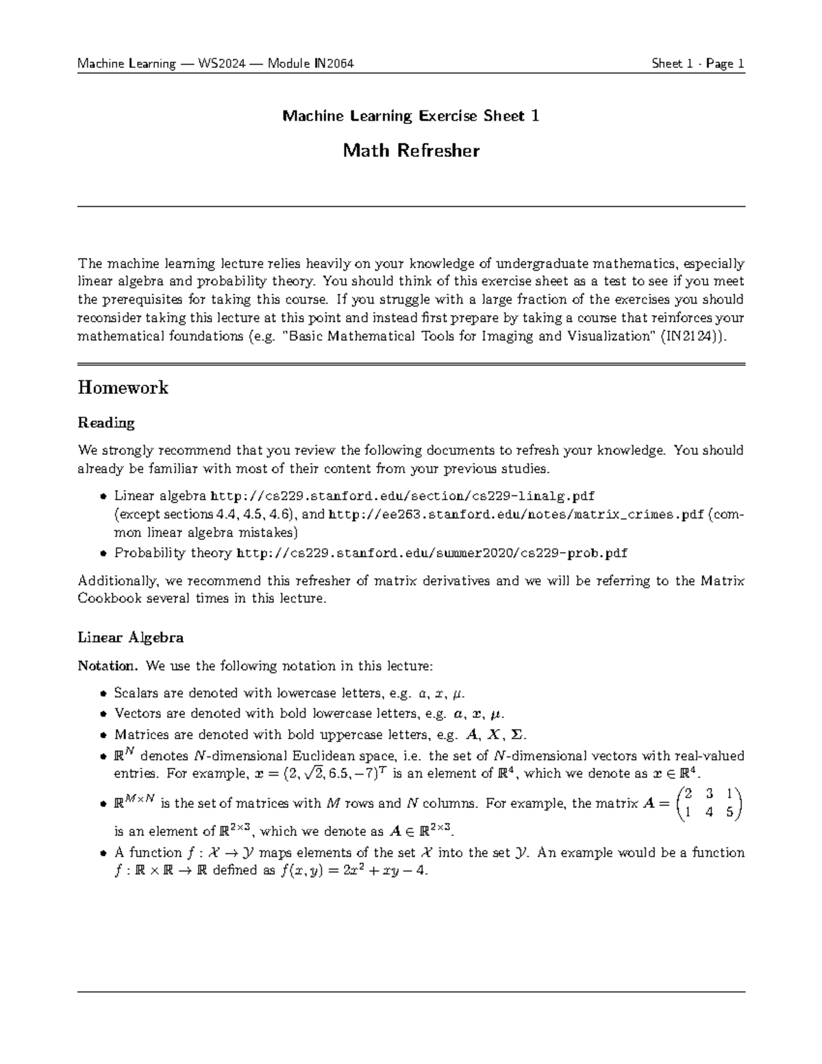 Lineare Algebra - Machine Learning Exercise Sheet 1 Math Refresher The ...