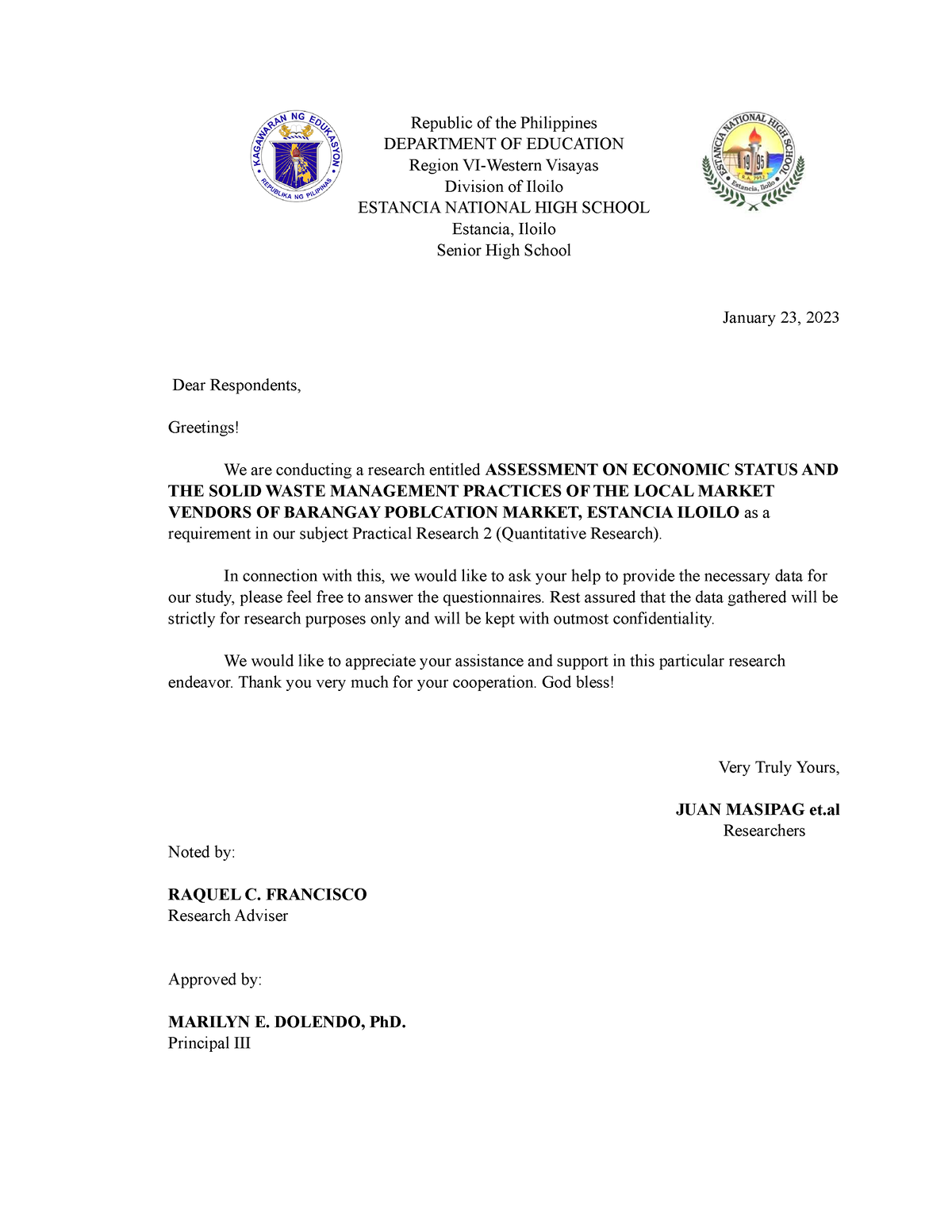 Sample letter for respondents - Republic of the Philippines DEPARTMENT ...