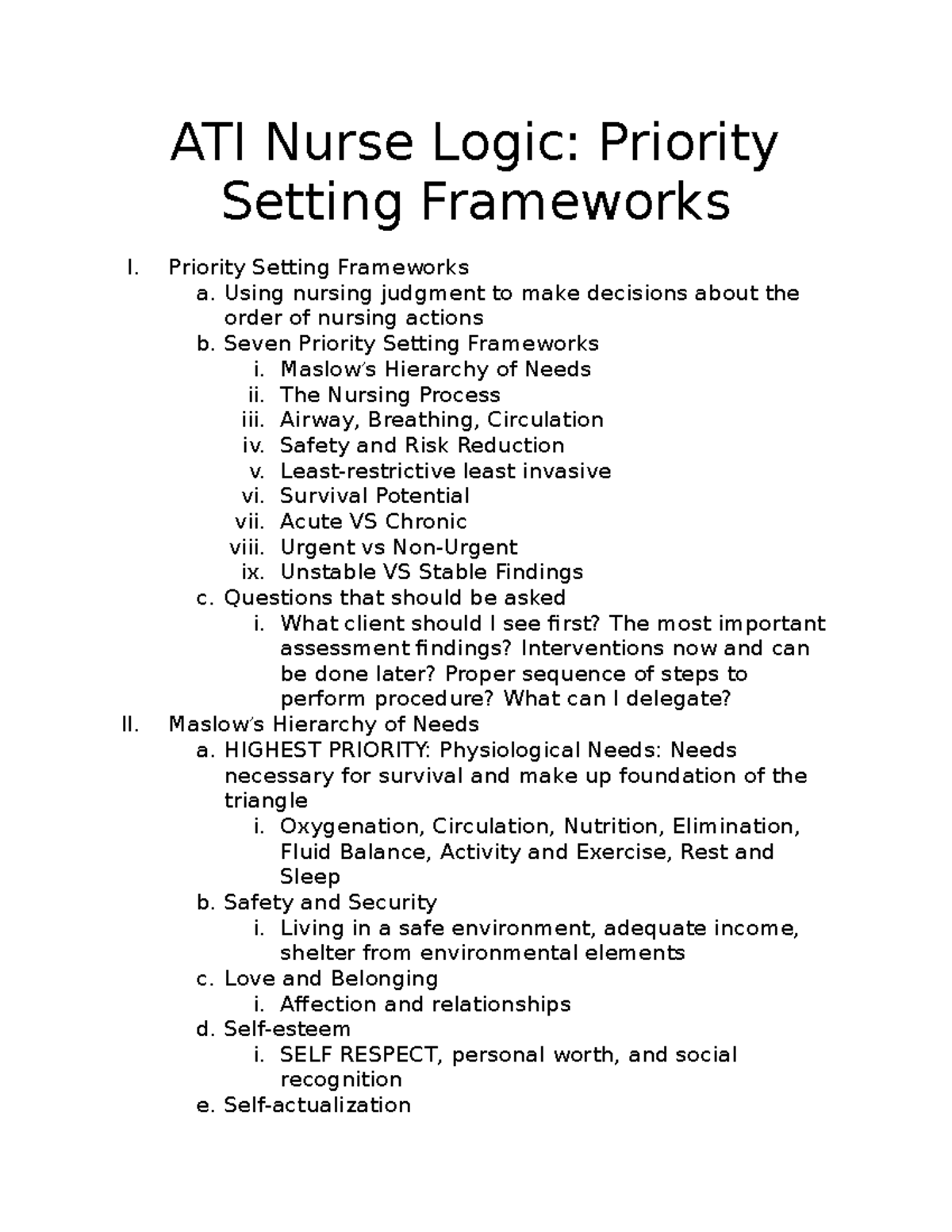 ATI Nurse Logic Priority Setting Frameworks Priority Setting