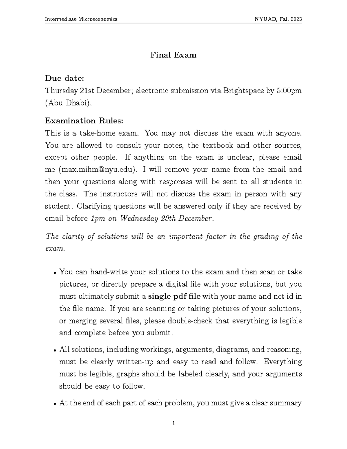 Final - Intermediate Microeconomics NYUAD, Fall 2023 Final Exam Due ...