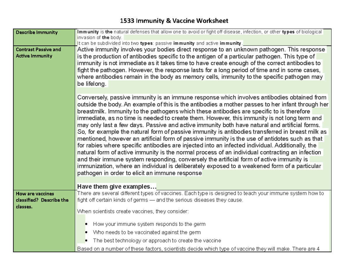 1533 Immunity and Vaccines Worksheet-1 - 1533 Immunity & Vaccine ...