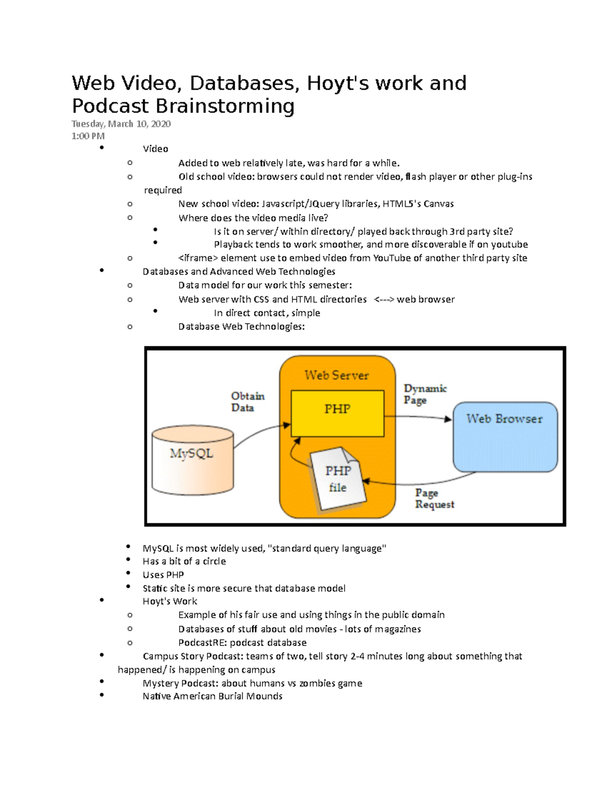  Video Databases Hoyt's work and Podcast Brainstorming Lecture notes