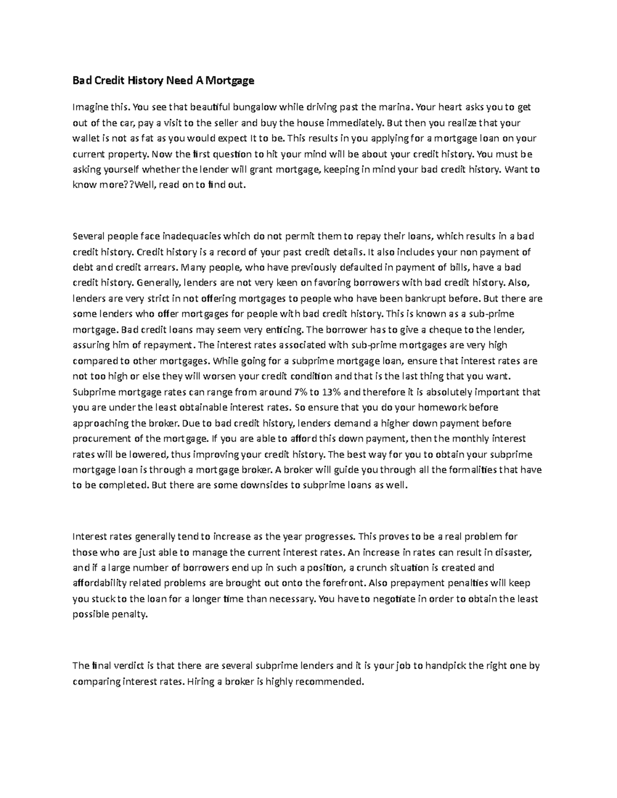 Bad Credit History Need A Mortgage Bad Credit History Need A Mortgage