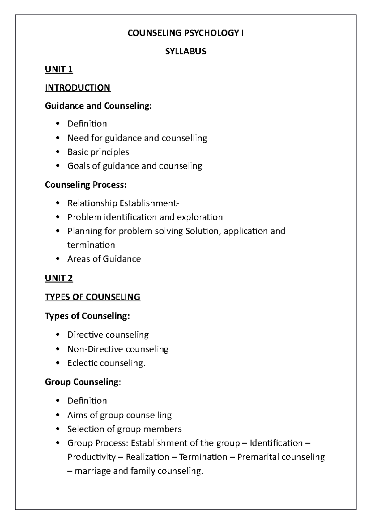 Counseling Psychology I - COUNSELING PSYCHOLOGY I SYLLABUS UNIT 1 ...