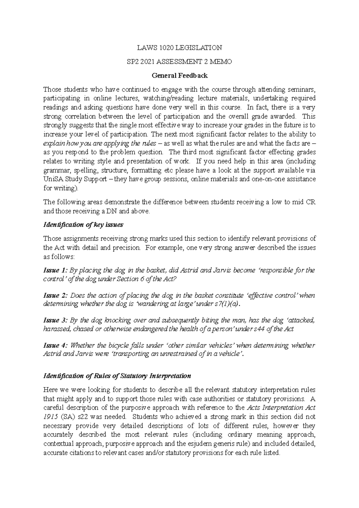 LAWS 1020 Legislation Memo General Feedback LAWS 1020 LEGISLATION SP2