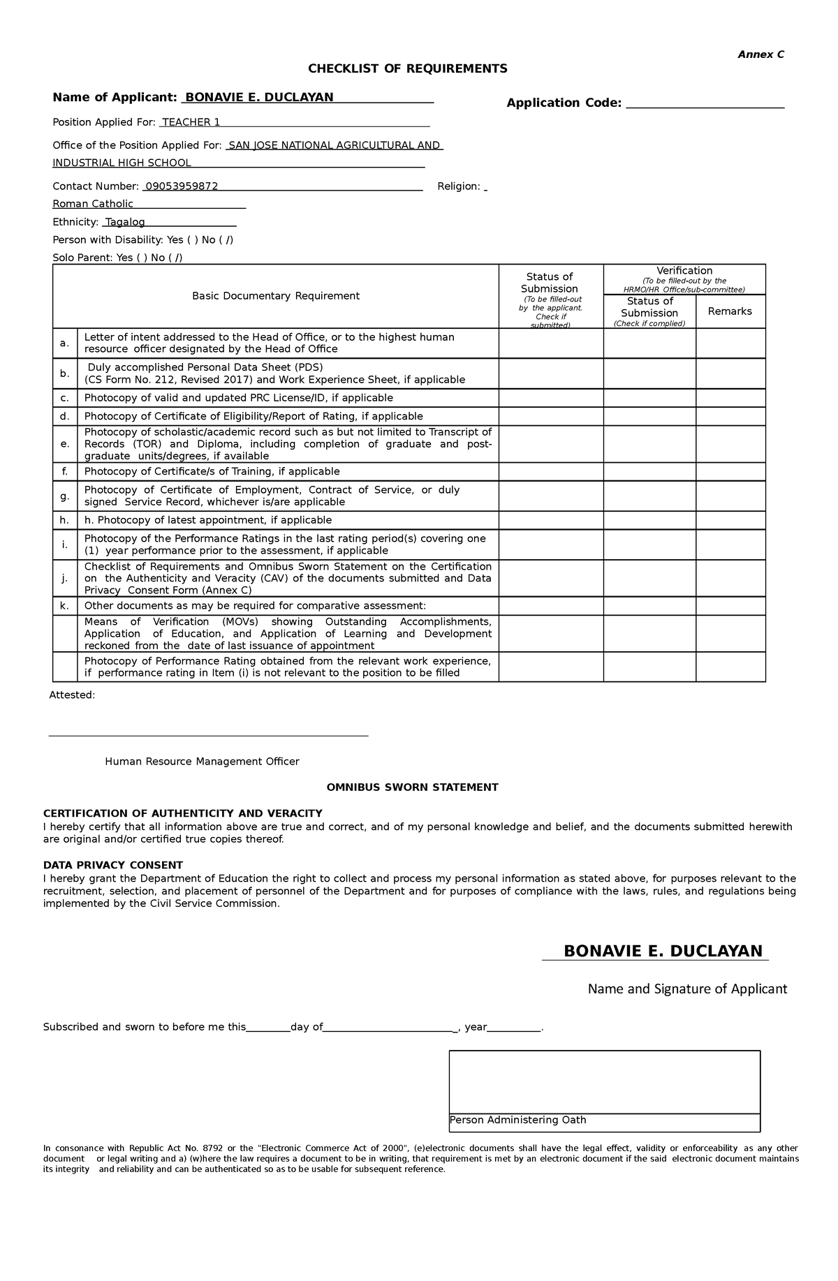 Omnibus 1 - application - CHECKLIST OF REQUIREMENTS Annex C Name of ...