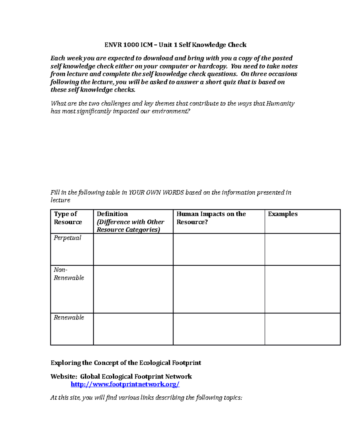 Unit 1 Self Knowledge Check - ENVR 1000 ICM – Unit 1 Self Knowledge ...