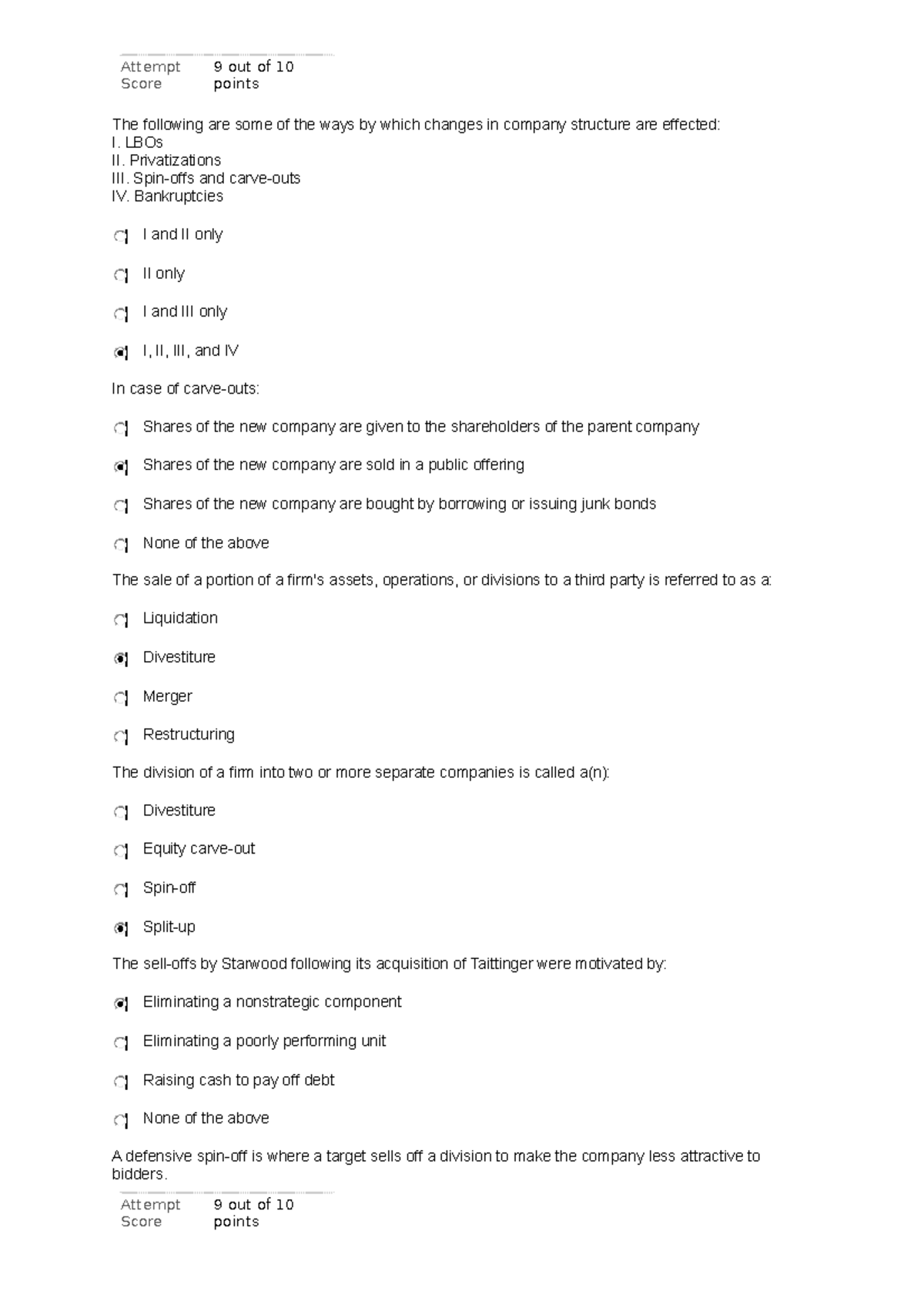 UNIT 4 QUIZ 1 Corporate Restructuring - Attempt Score 9 out of 10 ...