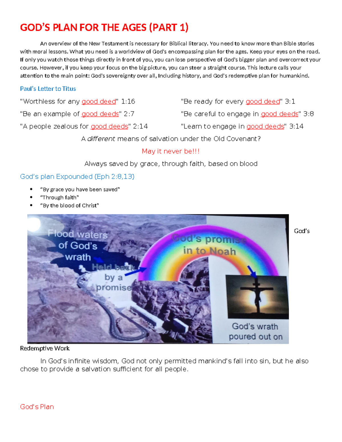 Lecture IN Bible School - GOD’S PLAN FOR THE AGES (PART 1) An overview ...