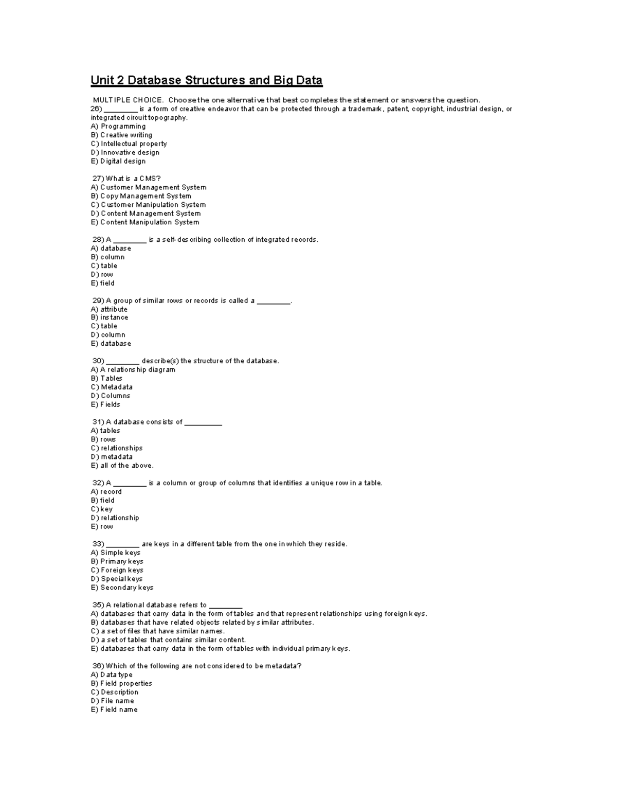 Unit 2- CS 1032 lecture+ reading notes - Unit 2 Database Structures and ...