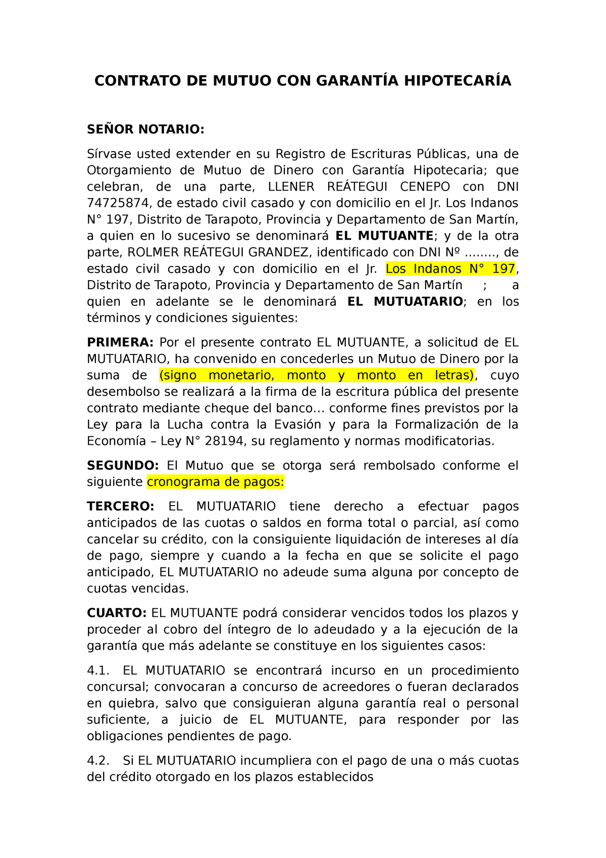 Contrato De Mutuo Con Garantía Hipotecaría Contrato De Mutuo Con GarantÍa HipotecarÍa SeÑor 4628