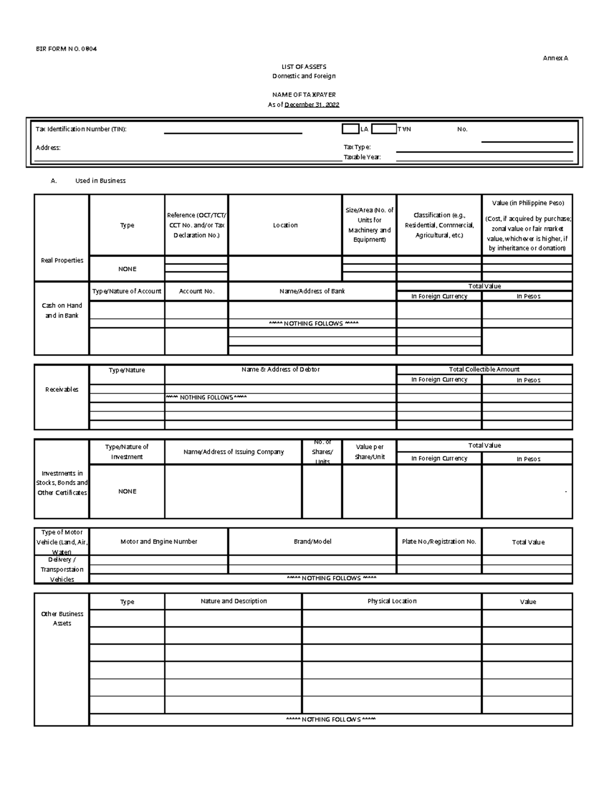 BIR LIST OF Assets - BIR FORM NO. 0804 Annex A Tax Identification ...