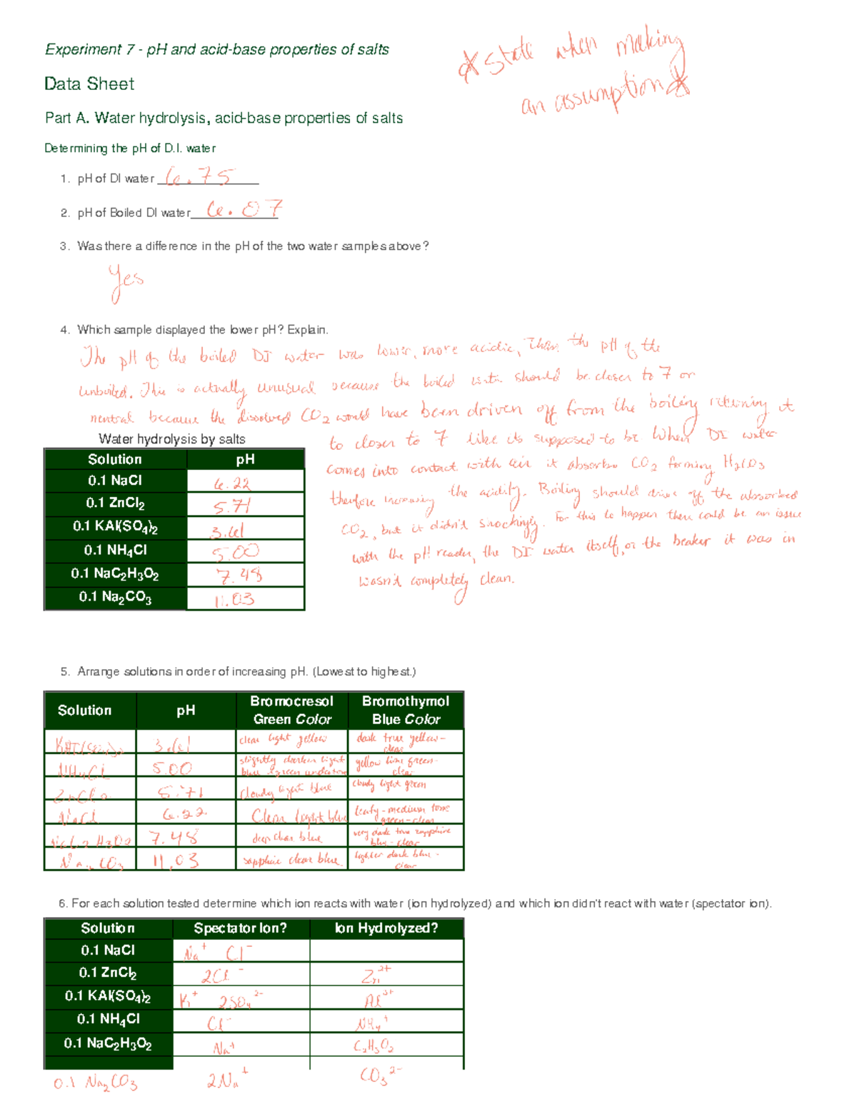 Experiment 7 Data Sheet Experiment 7 pH and acidbase properties