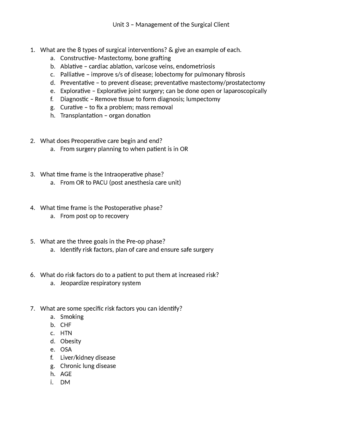 101B Unit 3 Periop - notes - Unit 3 – Management of the Surgical Client ...