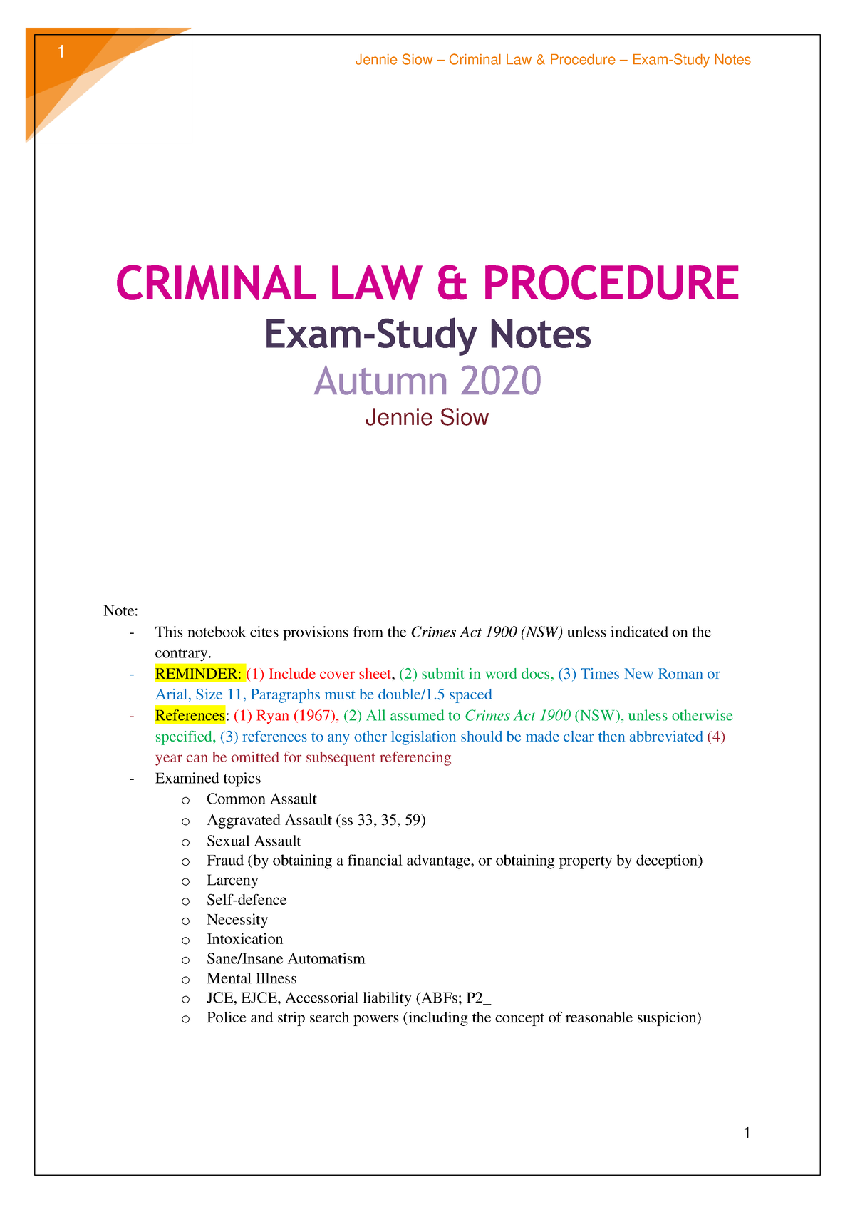 Exam Study Notes Crim PDF - Jennie Siow – Criminal Law & Procedure ...