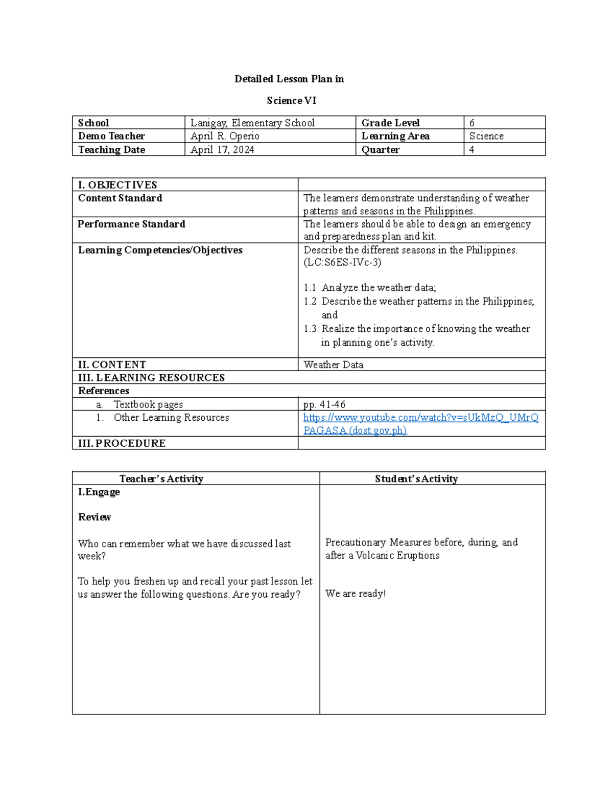 Weather - science - Detailed Lesson Plan in Science VI School Lanigay ...