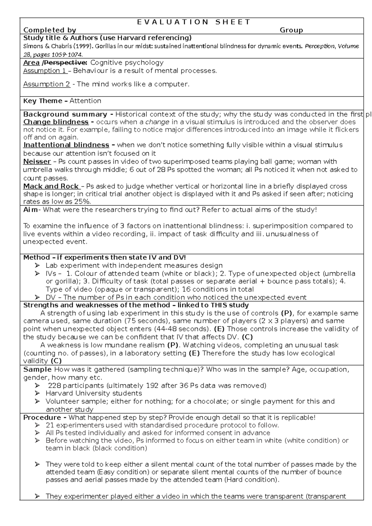 Simons and Chabris e-sheet - E V A L U A T I O N S H E E T Completed by ...