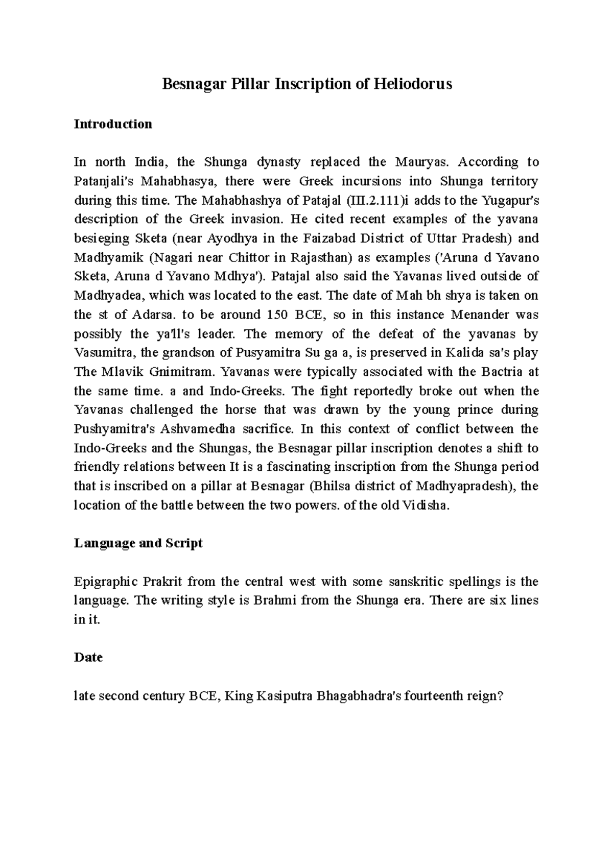 Besnagar Pillar Inscription of Heliodorus Besnagar Pillar Inscription