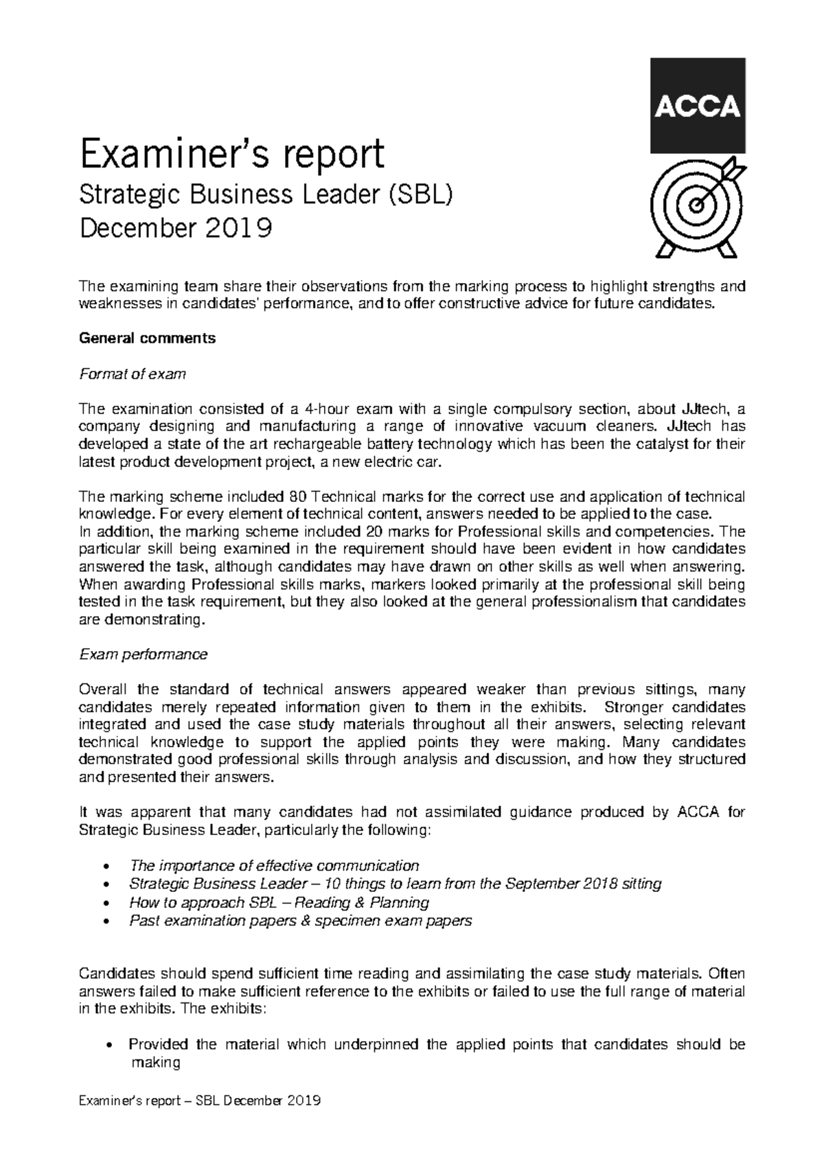 Sbl-examreport-d19 - Examiner Report - Examiner’s Report Strategic ...