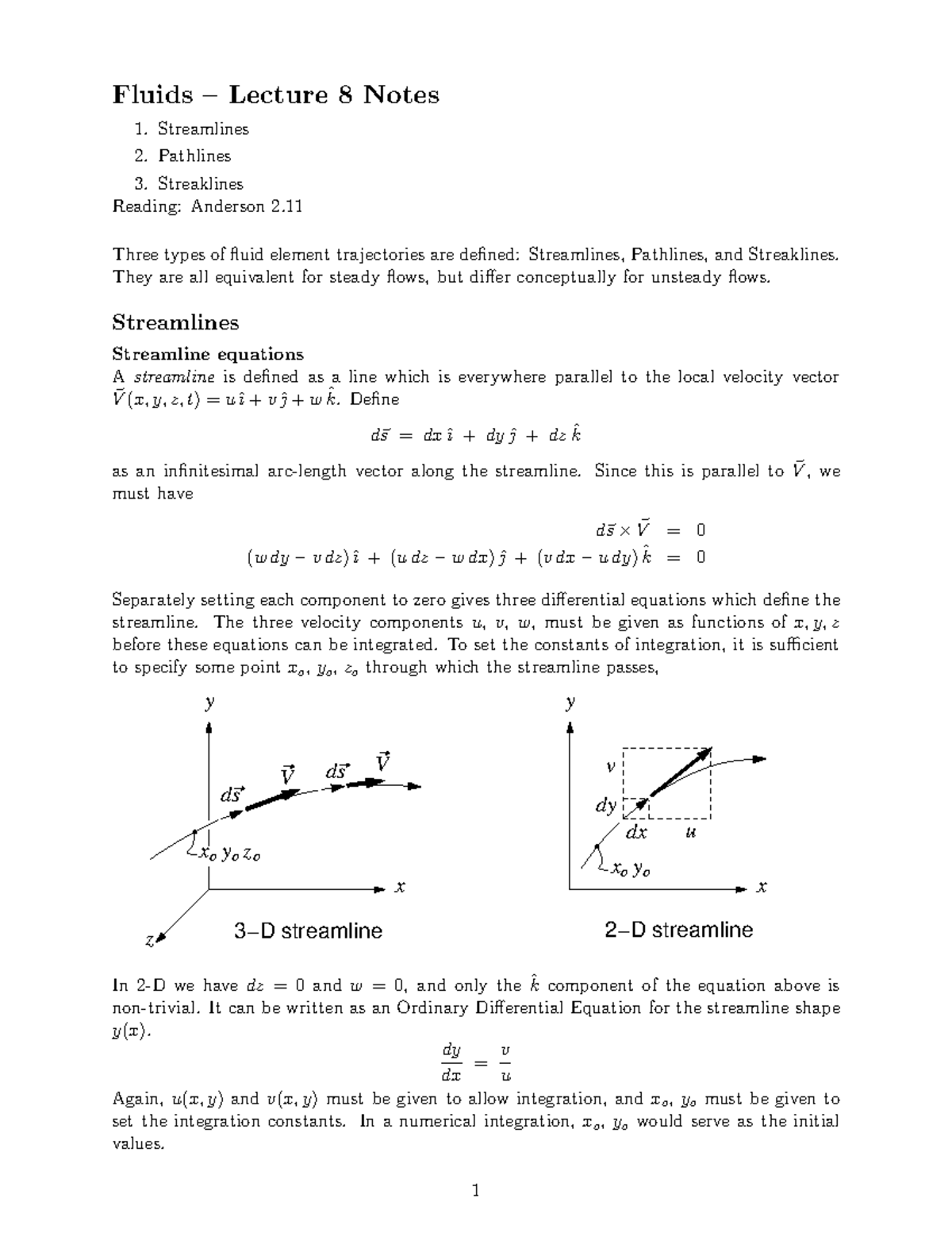 Practical Fluids Lecture 8 Notes Streamlines Pathlines Streaklines Reading Anderson 2 Three Studocu