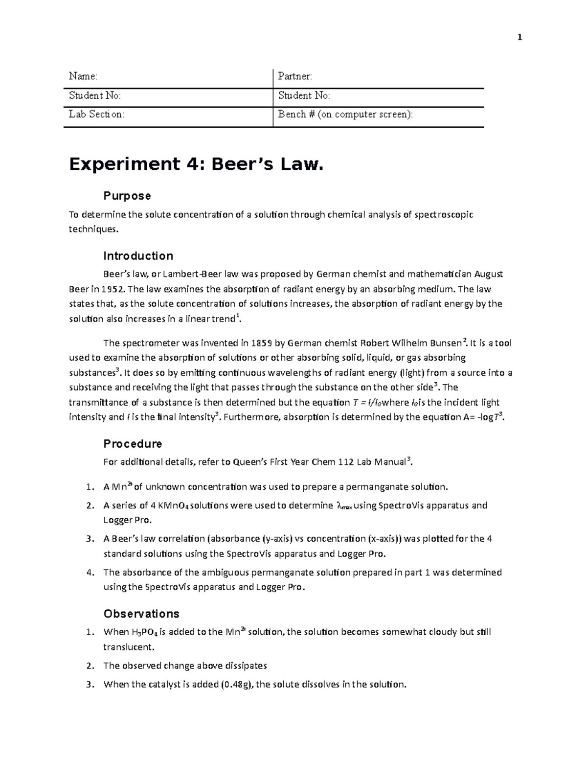 Beer's Law Beer's Law Lab Fall Semester Grade A+ Name Partner