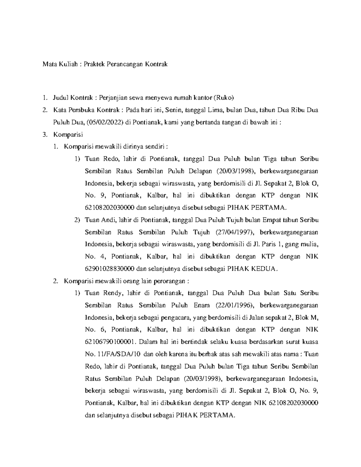 Perancangan Kontrak 20212022 - Mata Kuliah : Praktek Perancangan ...