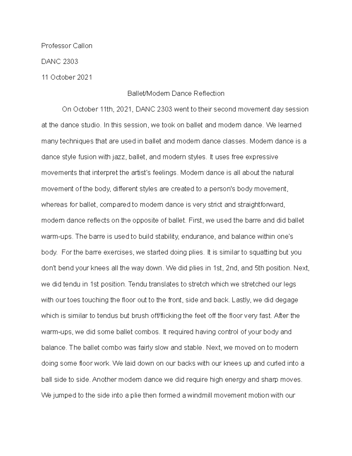 modern dance reflection essay